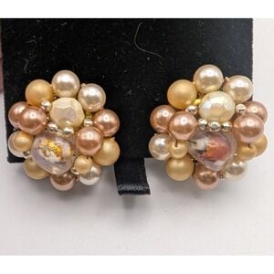 VINTAGE JAPAN Clip On Earrings Gold Tone Faux Pearl Bead Cluster Statement 1 in